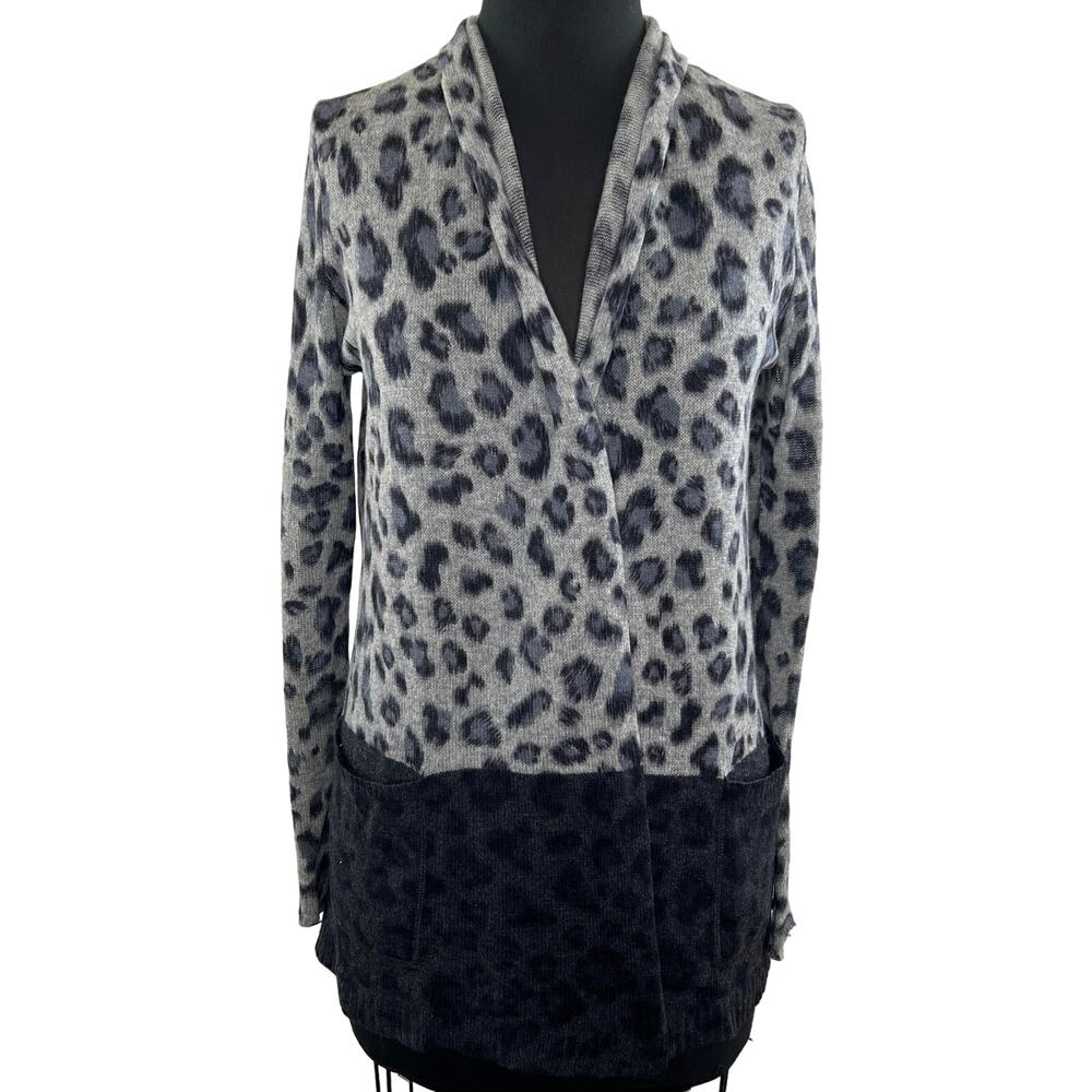 White + Warren Gray Black Leopard Print Open Front Cashmere Sweater Top Size XS